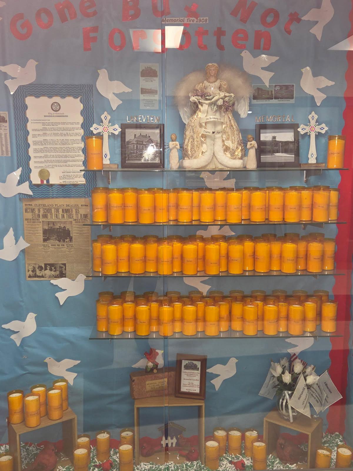 Permanent memorial candle display at Memorial School honoring the children lost in the 1908 Collinwood School Fire